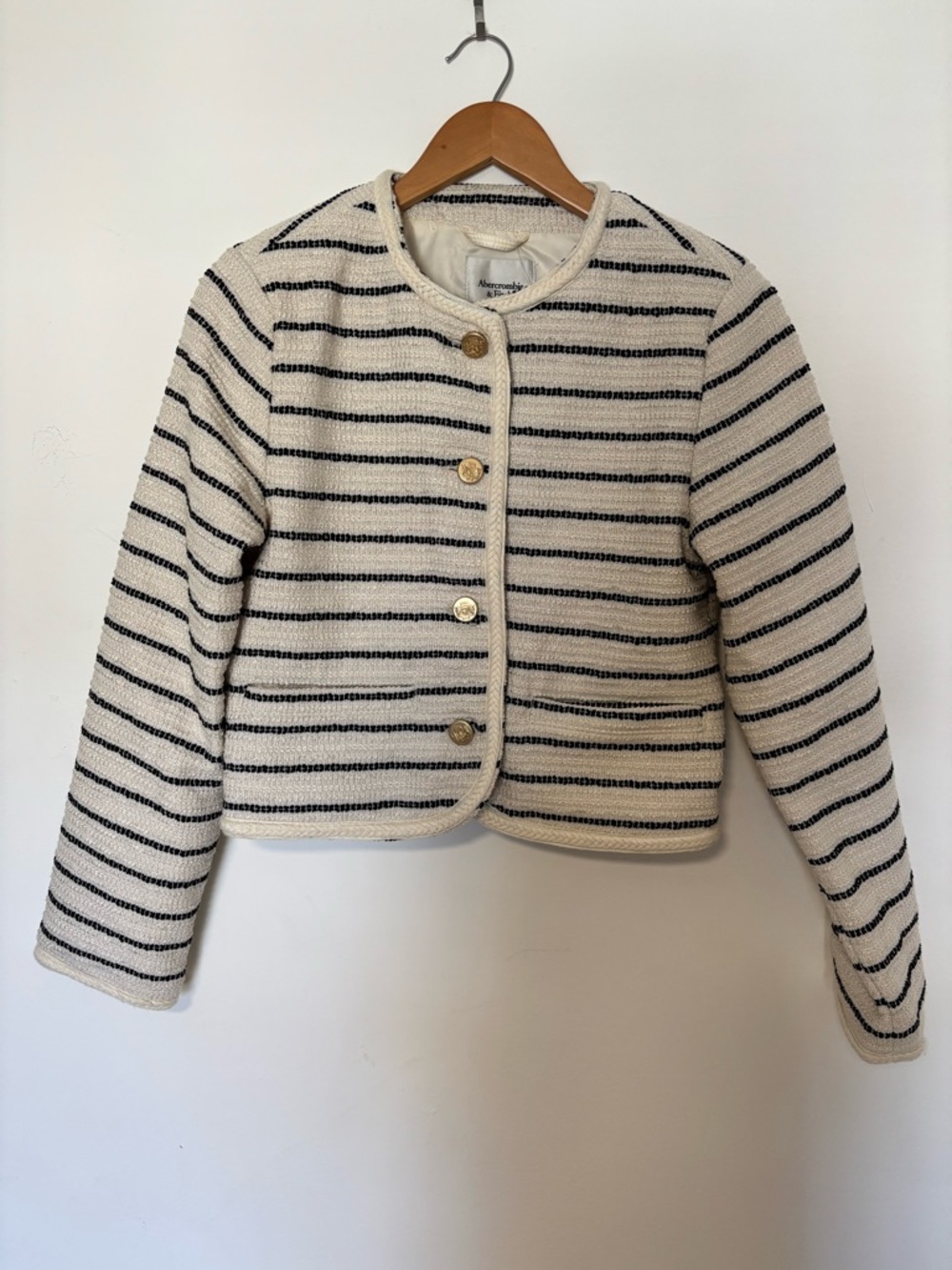 Abercrombie & Fitch Ivory and Black Striped Cropped Blazer